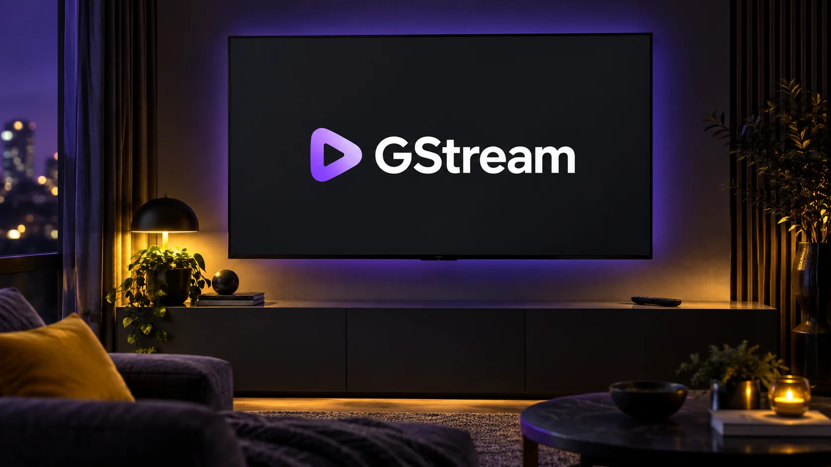 GStream on a home cinema screen with purple light and warm yellow accents